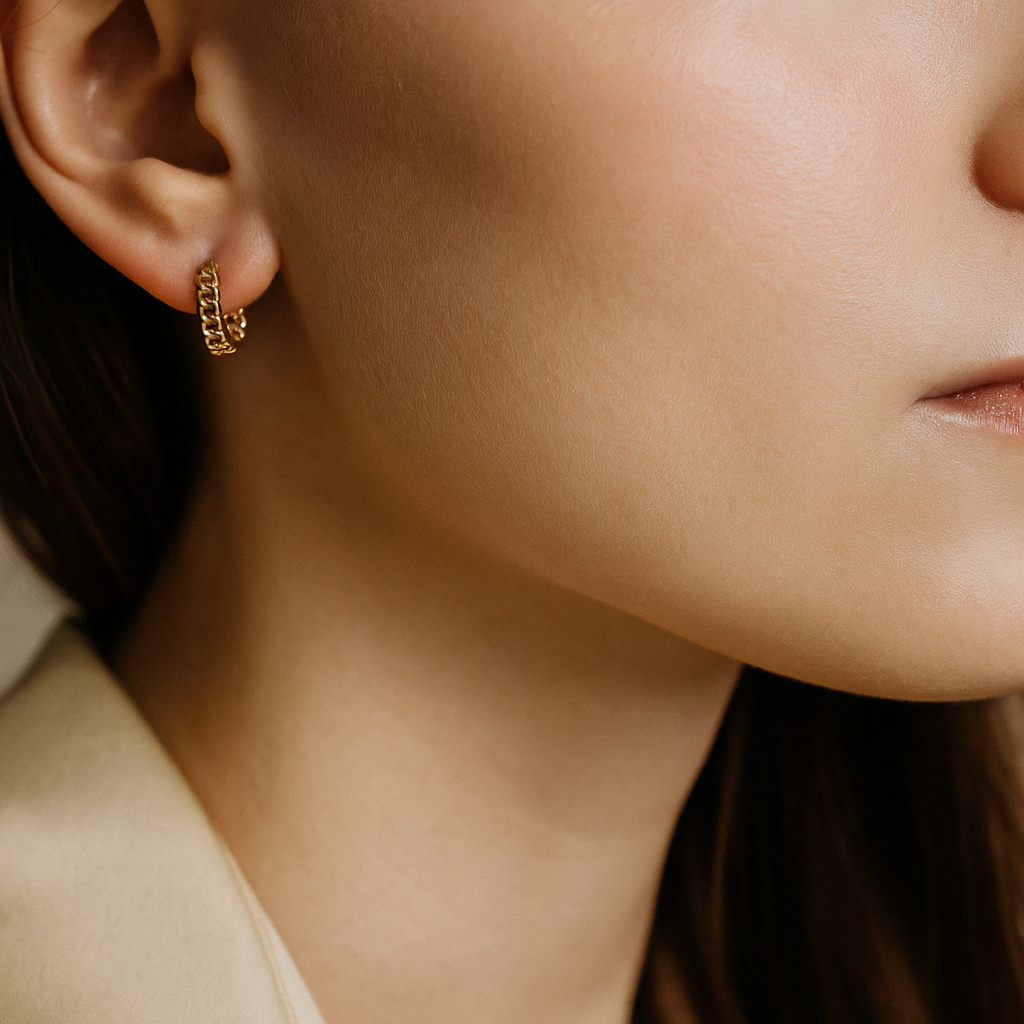 14K Solid Gold Chain Hoop Earrings – Modern Curb Chain Real Gold Hoops