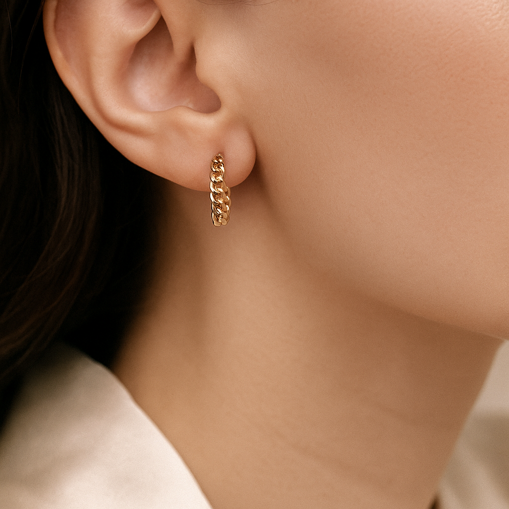 14K Solid Gold Chain Hoop Earrings – Modern Curb Chain Real Gold Hoops