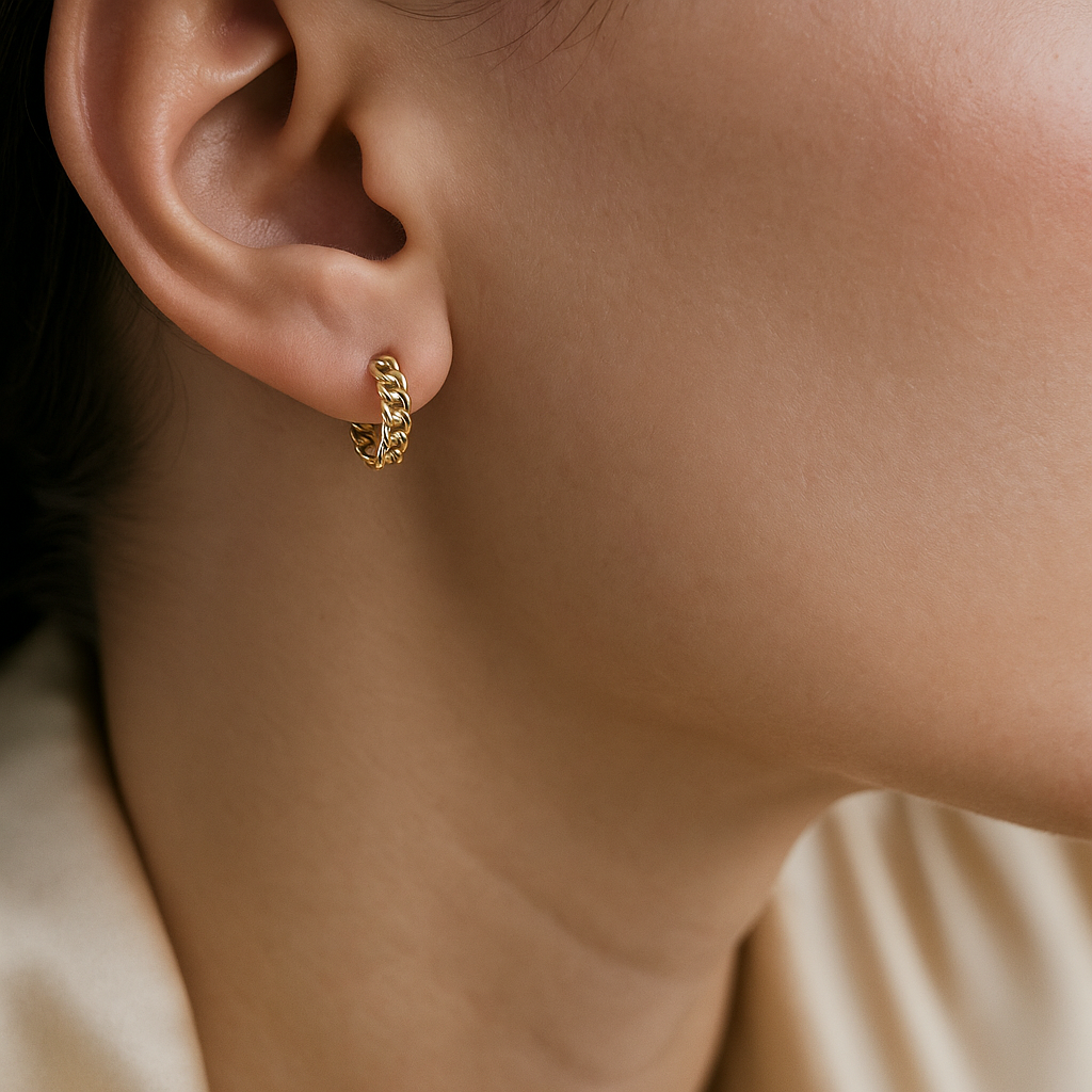 14K Solid Gold Chain Hoop Earrings – Modern Curb Chain Real Gold Hoops