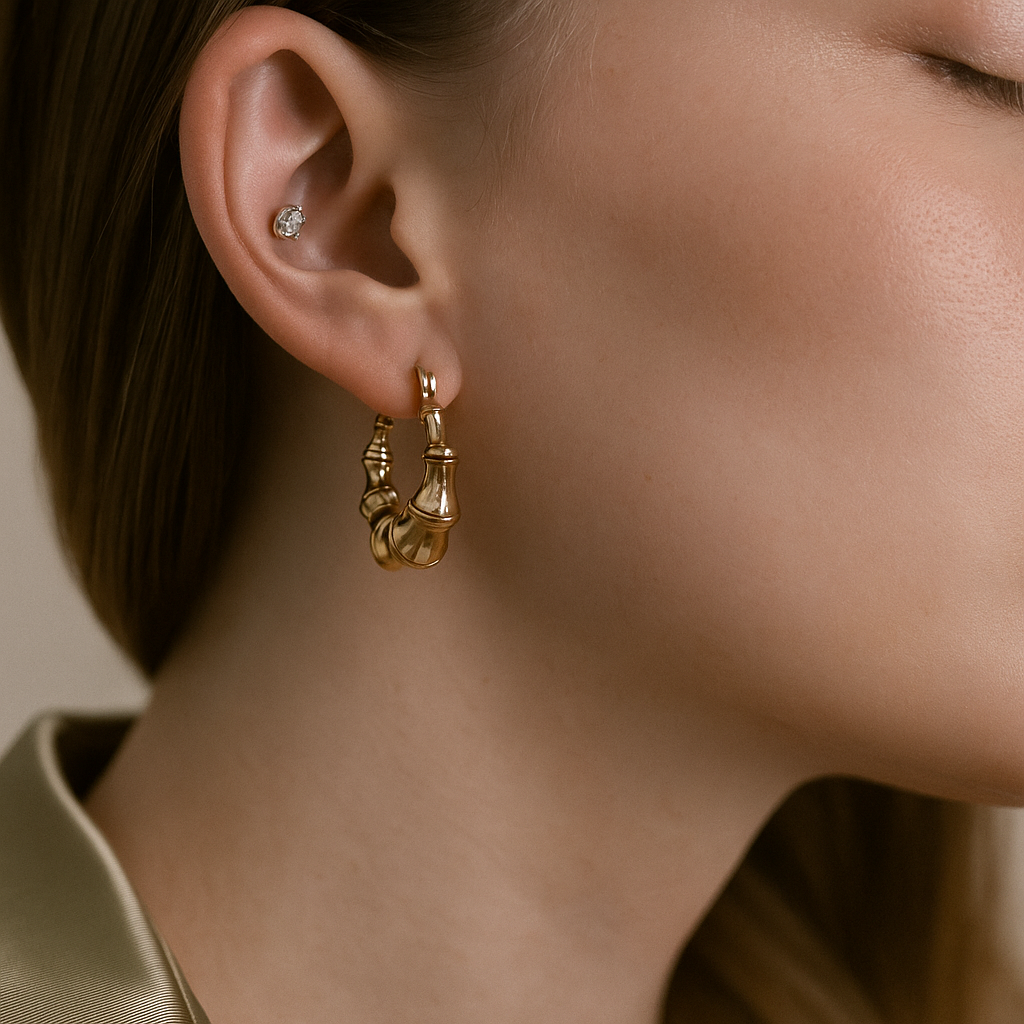 14K Solid Gold Bamboo Hoop Earrings – Bold Chunky Real Gold Hoops