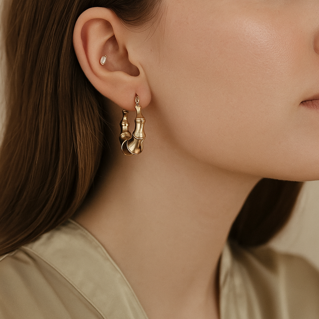 14K Solid Gold Bamboo Hoop Earrings – Bold Chunky Real Gold Hoops