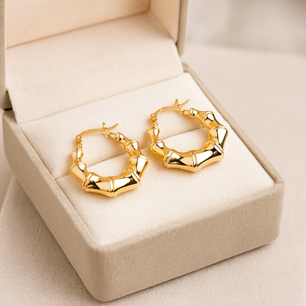 14K Solid Gold Bamboo Hoop Earrings – Bold Chunky Real Gold Hoops