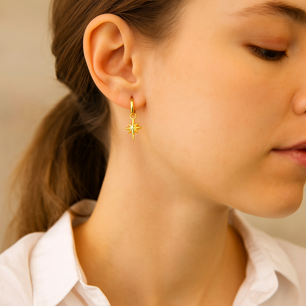 14K Solid Gold Starburst Hoop Earrings – Celestial Real Gold Jewelry
