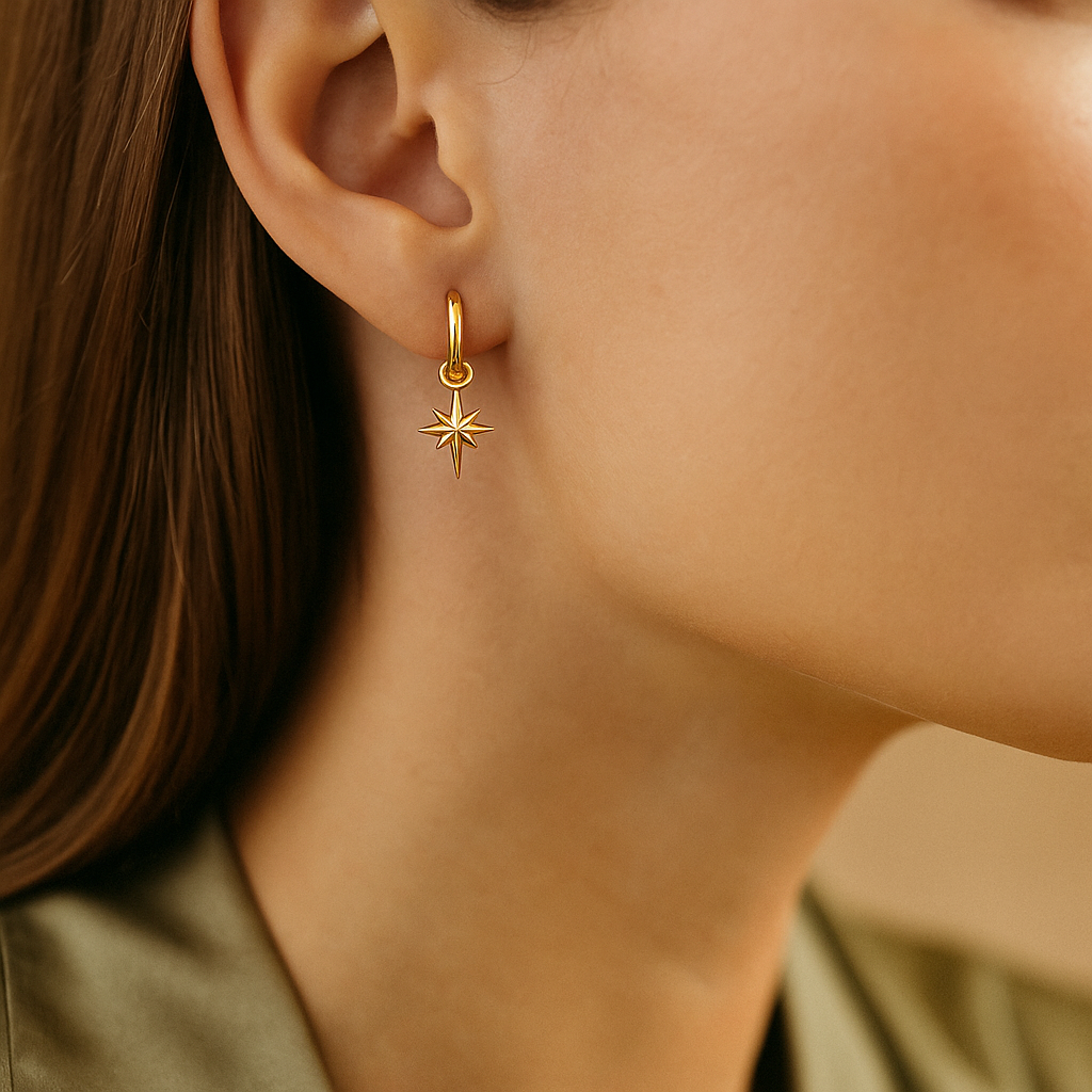 14K Solid Gold Starburst Hoop Earrings – Celestial Real Gold Jewelry