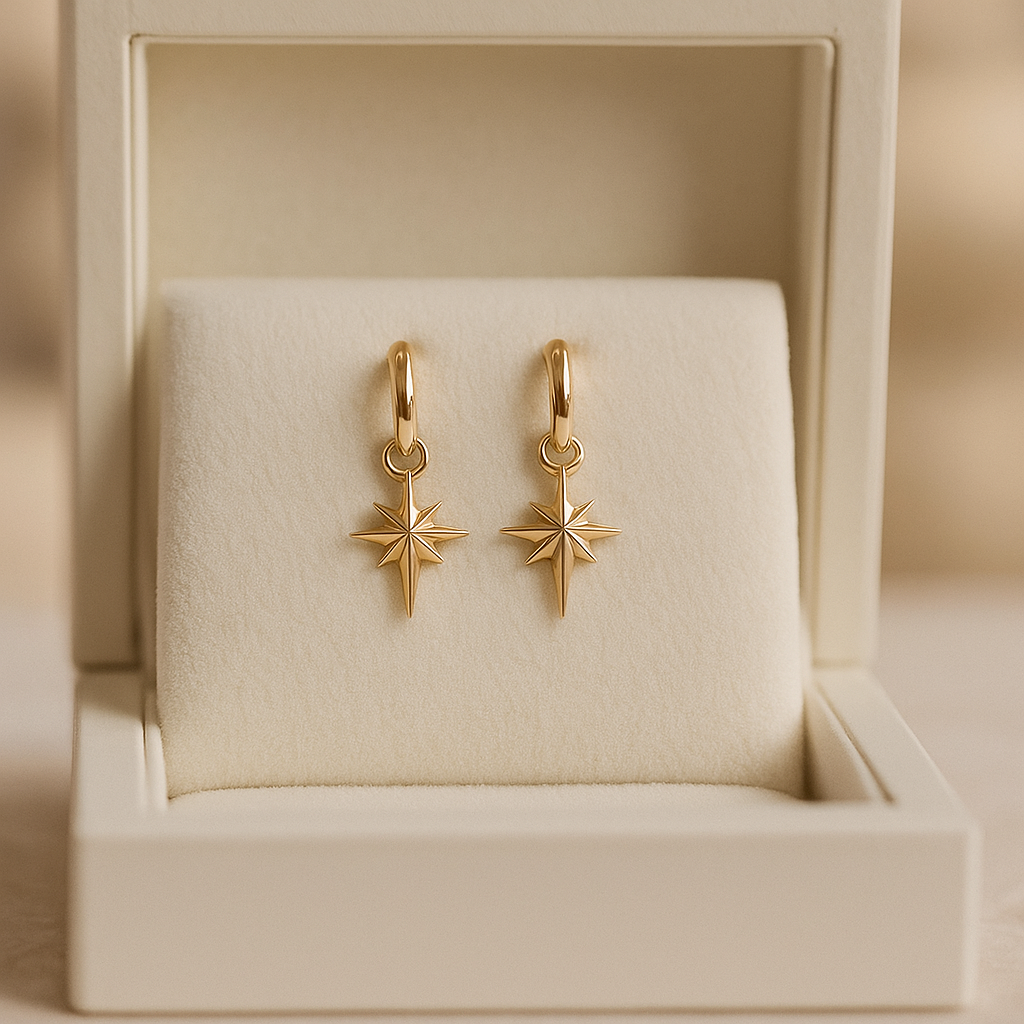 14K Solid Gold Starburst Hoop Earrings – Celestial Real Gold Jewelry