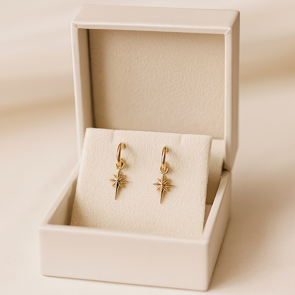 14K Solid Gold Starburst Hoop Earrings – Celestial Real Gold Jewelry