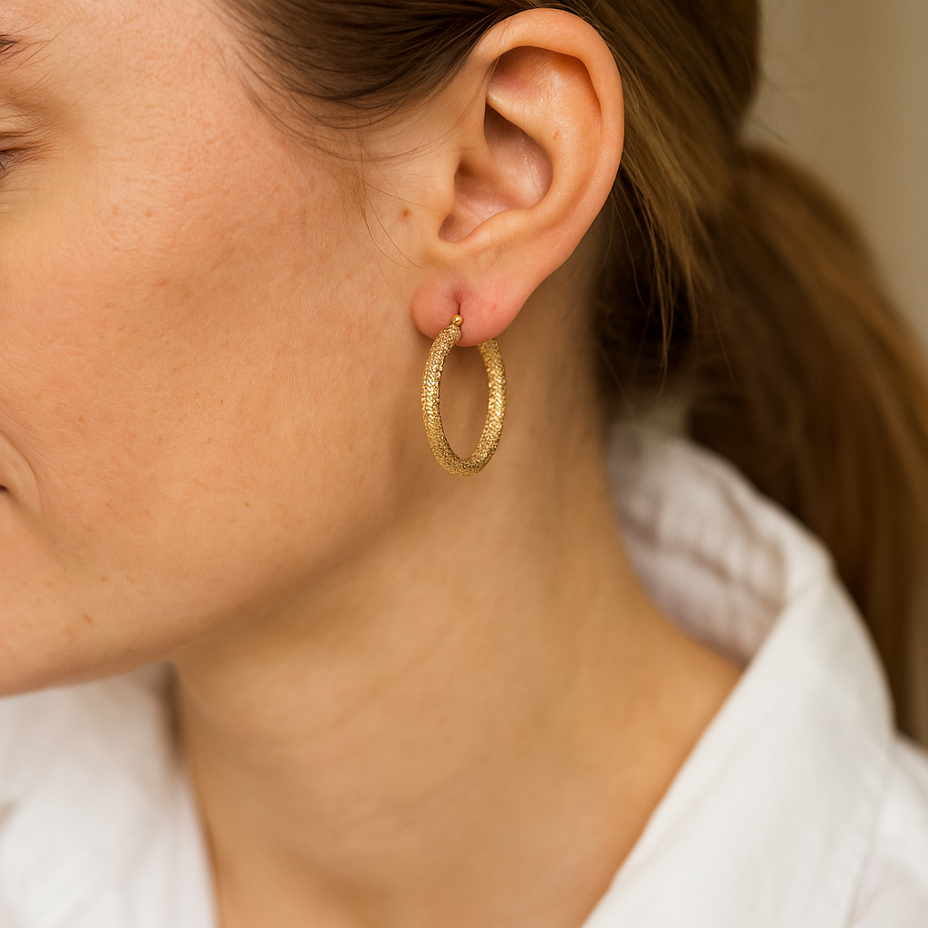 14K Solid Gold Textured Hoop Earrings – Bold Statement Real Gold Hoops
