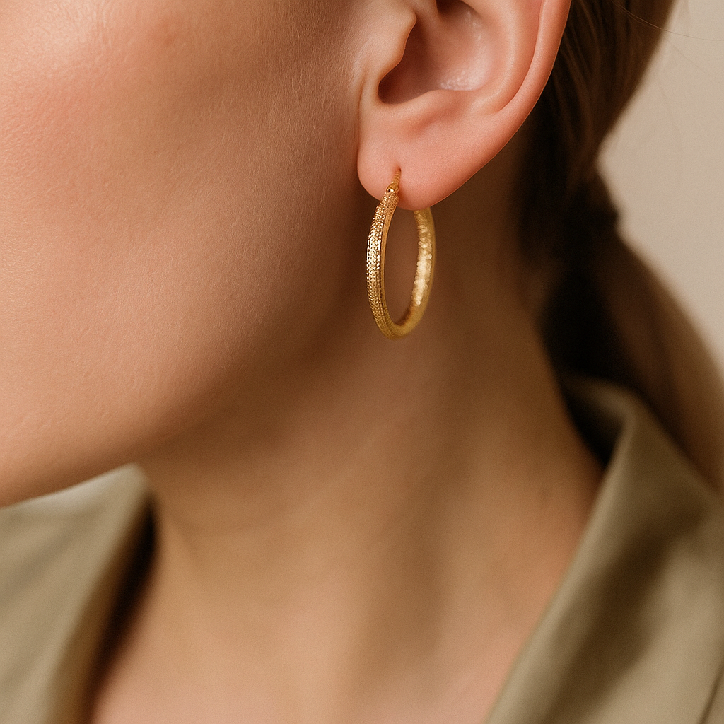 14K Solid Gold Textured Hoop Earrings – Bold Statement Real Gold Hoops