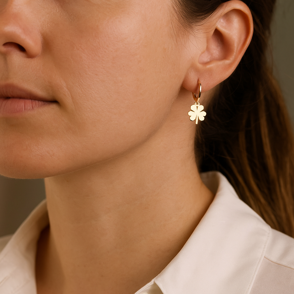 14K Solid Gold Four Leaf Clover Hoop Earrings – Lucky Charm Real Gold Jewelry