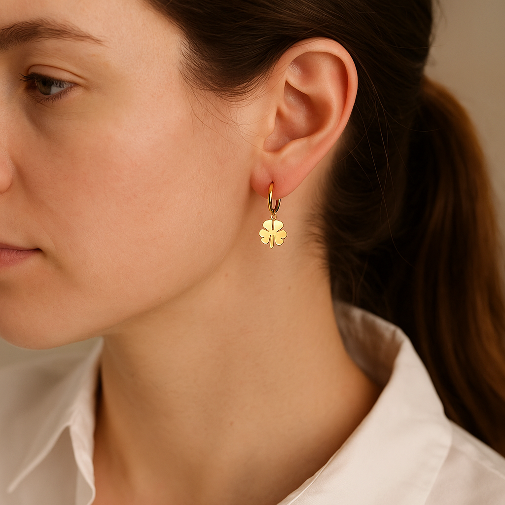 14K Solid Gold Four Leaf Clover Hoop Earrings – Lucky Charm Real Gold Jewelry