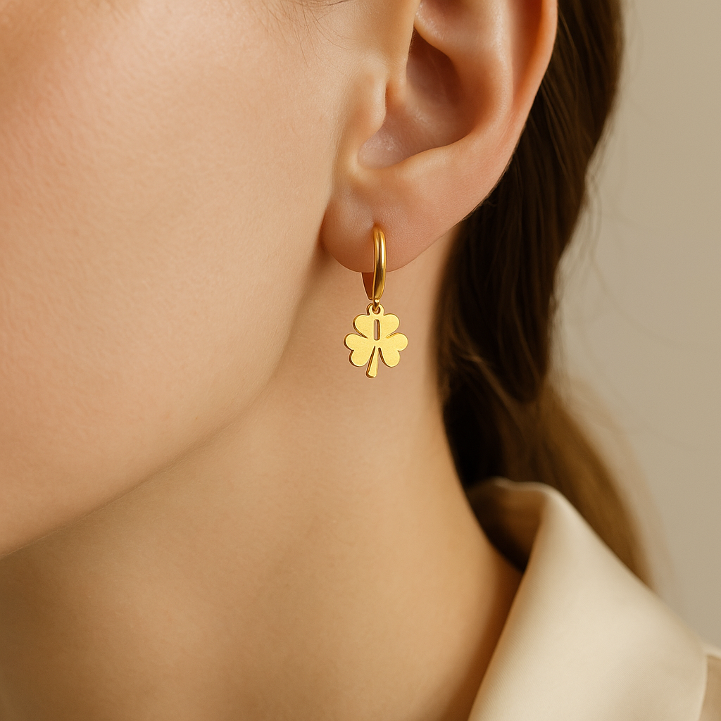 14K Solid Gold Four Leaf Clover Hoop Earrings – Lucky Charm Real Gold Jewelry
