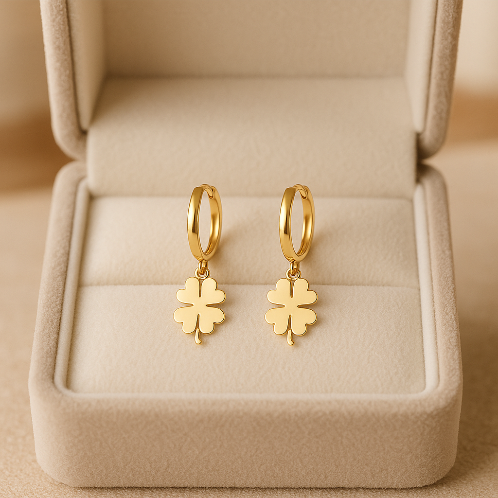 14K Solid Gold Four Leaf Clover Hoop Earrings – Lucky Charm Real Gold Jewelry