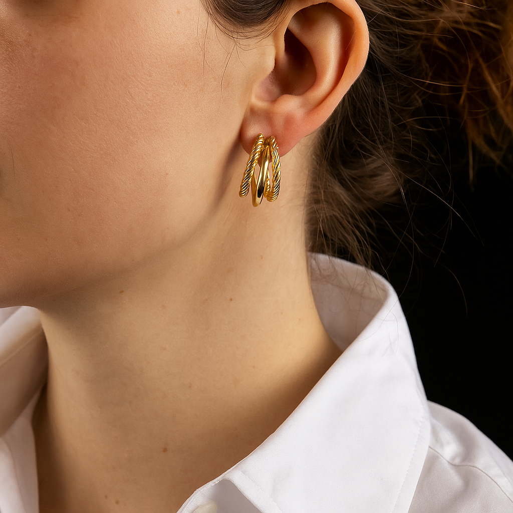 14K Solid Gold Triple Hoop Earrings – Twisted Rope Hoops