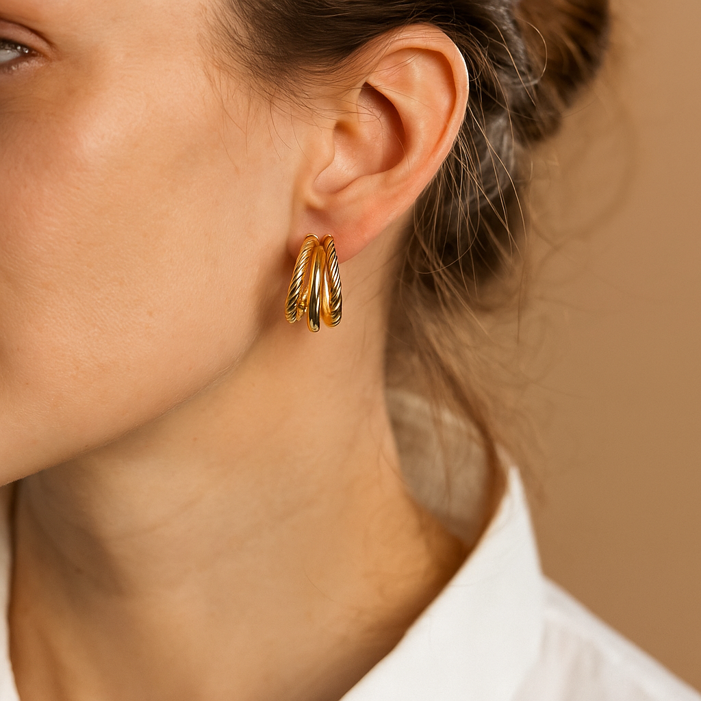 14K Solid Gold Triple Hoop Earrings – Twisted Rope Hoops