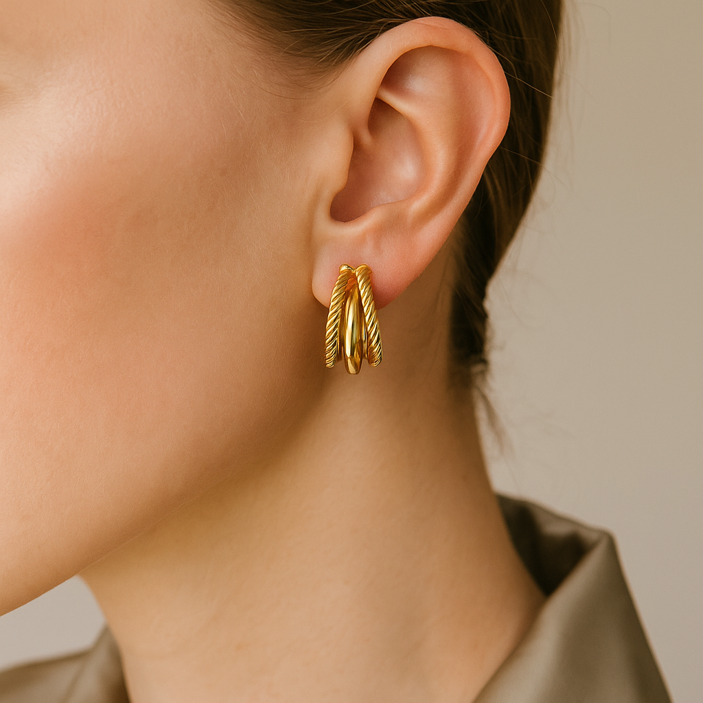 14K Solid Gold Triple Hoop Earrings – Twisted Rope Hoops