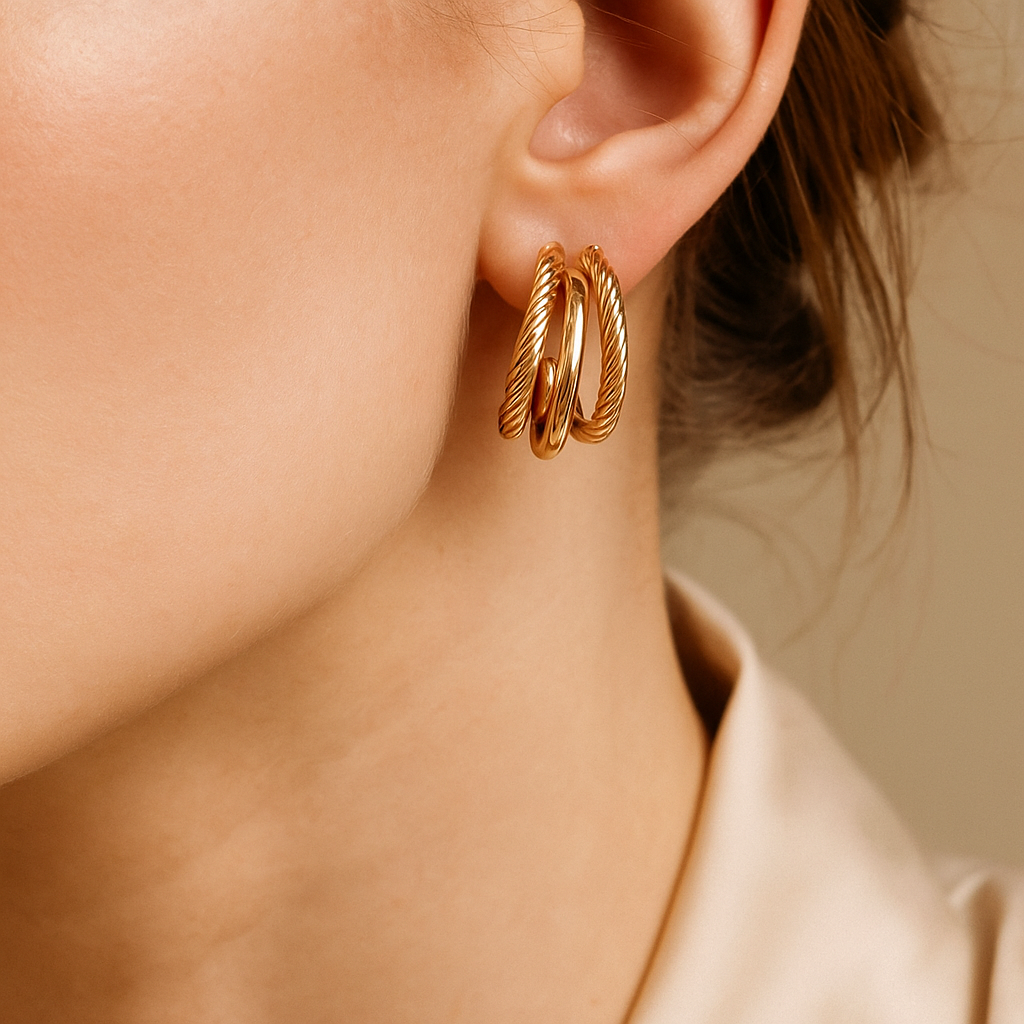 14K Solid Gold Triple Hoop Earrings – Twisted Rope Hoops