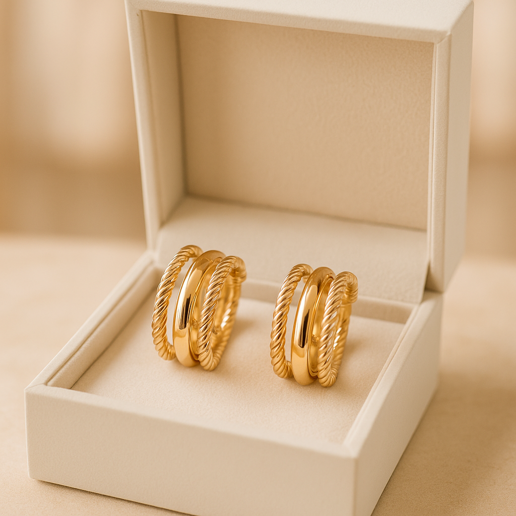 14K Solid Gold Triple Hoop Earrings – Twisted Rope Hoops