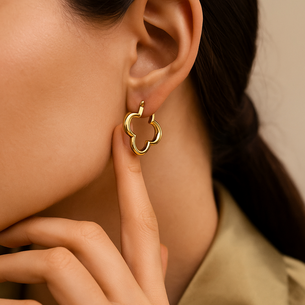 14K Solid Gold Clover Hoop Earrings – Unique Designer Statement Hoops for Women, Real Gold Jewelry, Lucky Charm Inspired Everyday Earrings