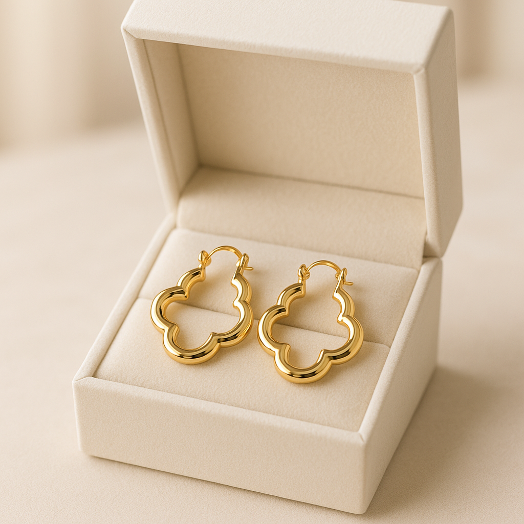 14K Solid Gold Clover Hoop Earrings – Unique Designer Statement Hoops for Women, Real Gold Jewelry, Lucky Charm Inspired Everyday Earrings