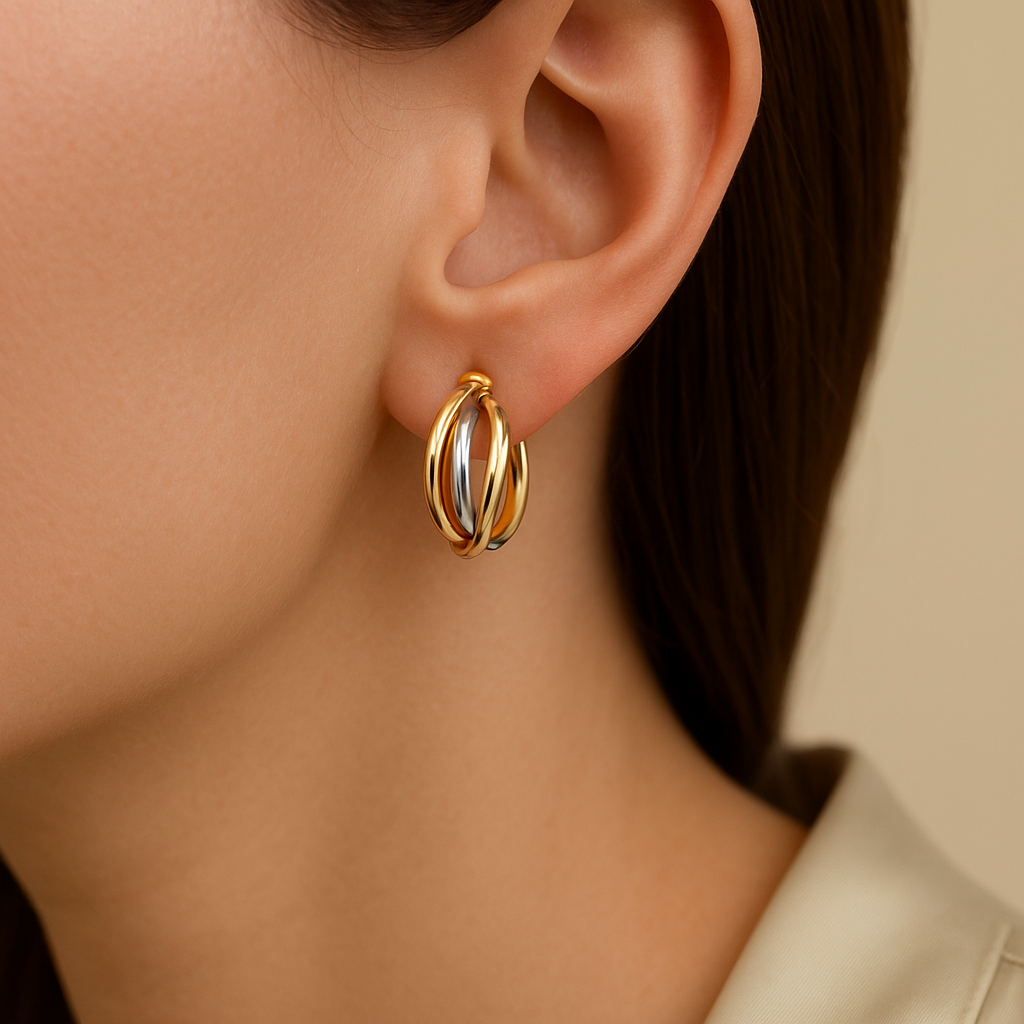 14K Solid Gold Tri-Color Hoop Earrings – Yellow White Rose Gold Hoops for Women, Real Gold Jewelry, Elegant Everyday Statement Earrings