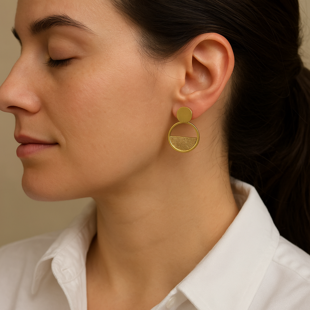 14K Solid Gold Geometric Circle Earrings – Modern Textured Half Disc Design
