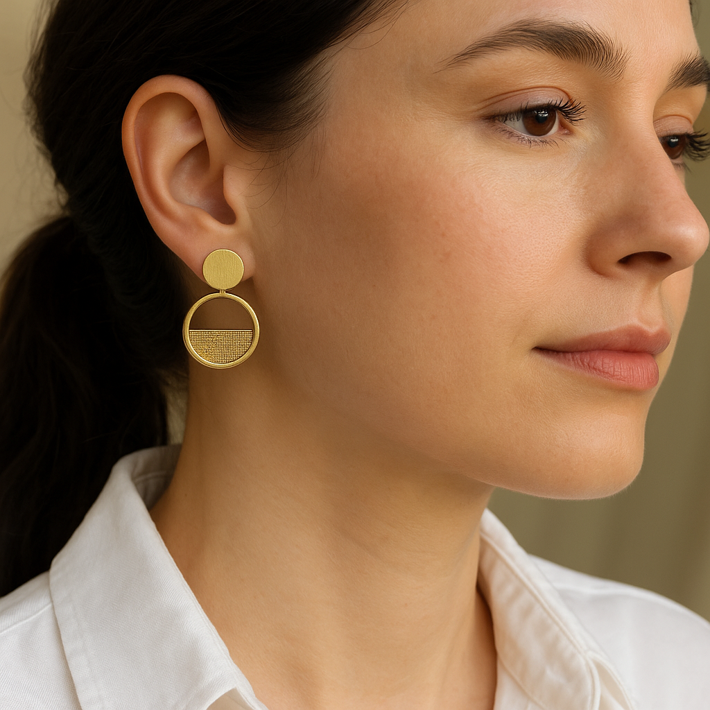 14K Solid Gold Geometric Circle Earrings – Modern Textured Half Disc Design