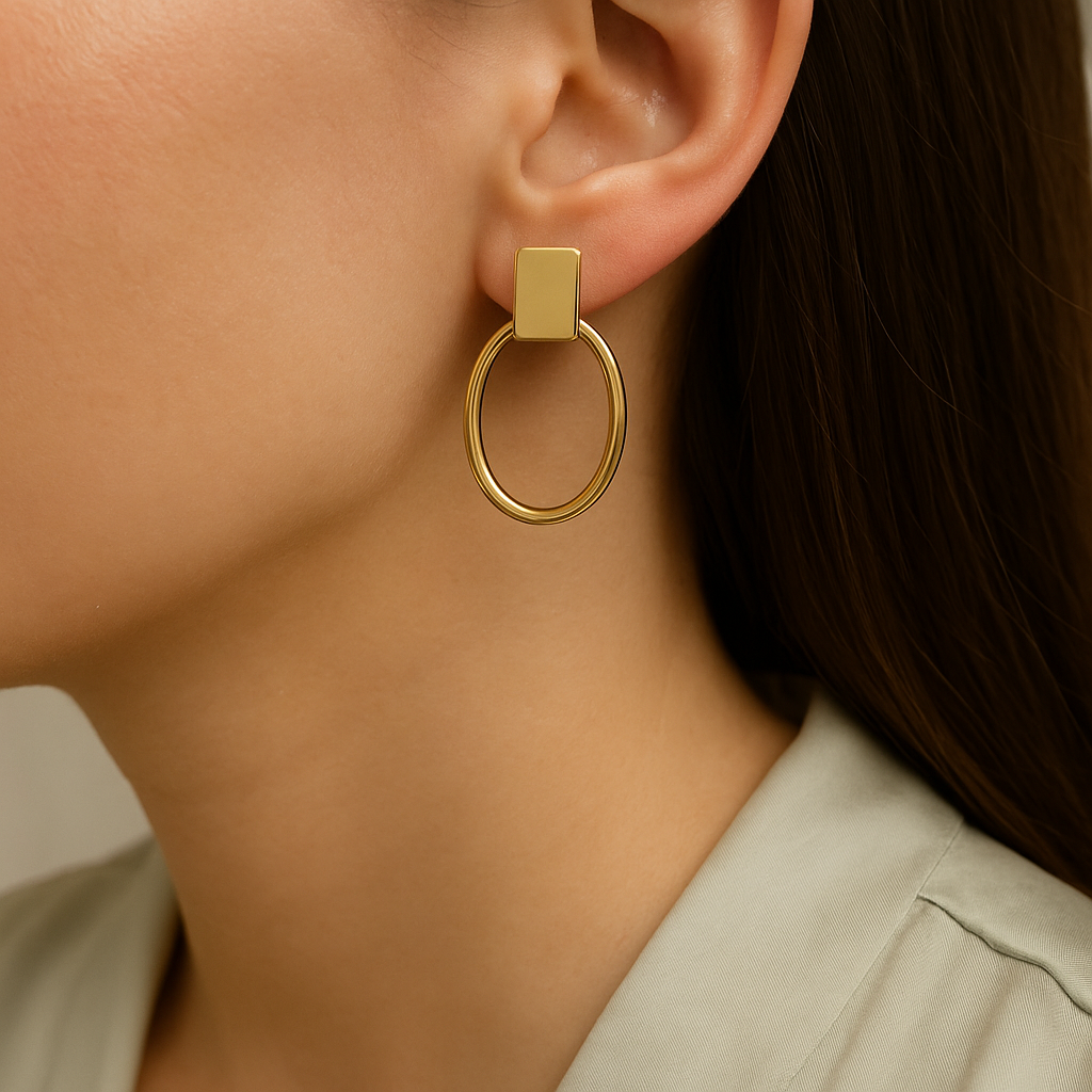 14K Solid Gold Geometric Hoop Earrings – Modern Oval Gold Earrings