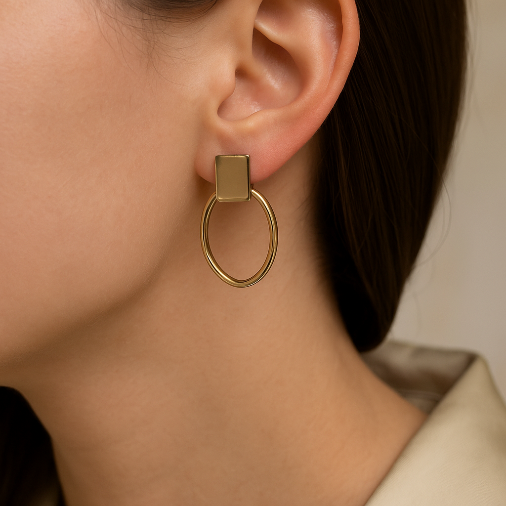 14K Solid Gold Geometric Hoop Earrings – Modern Oval Gold Earrings
