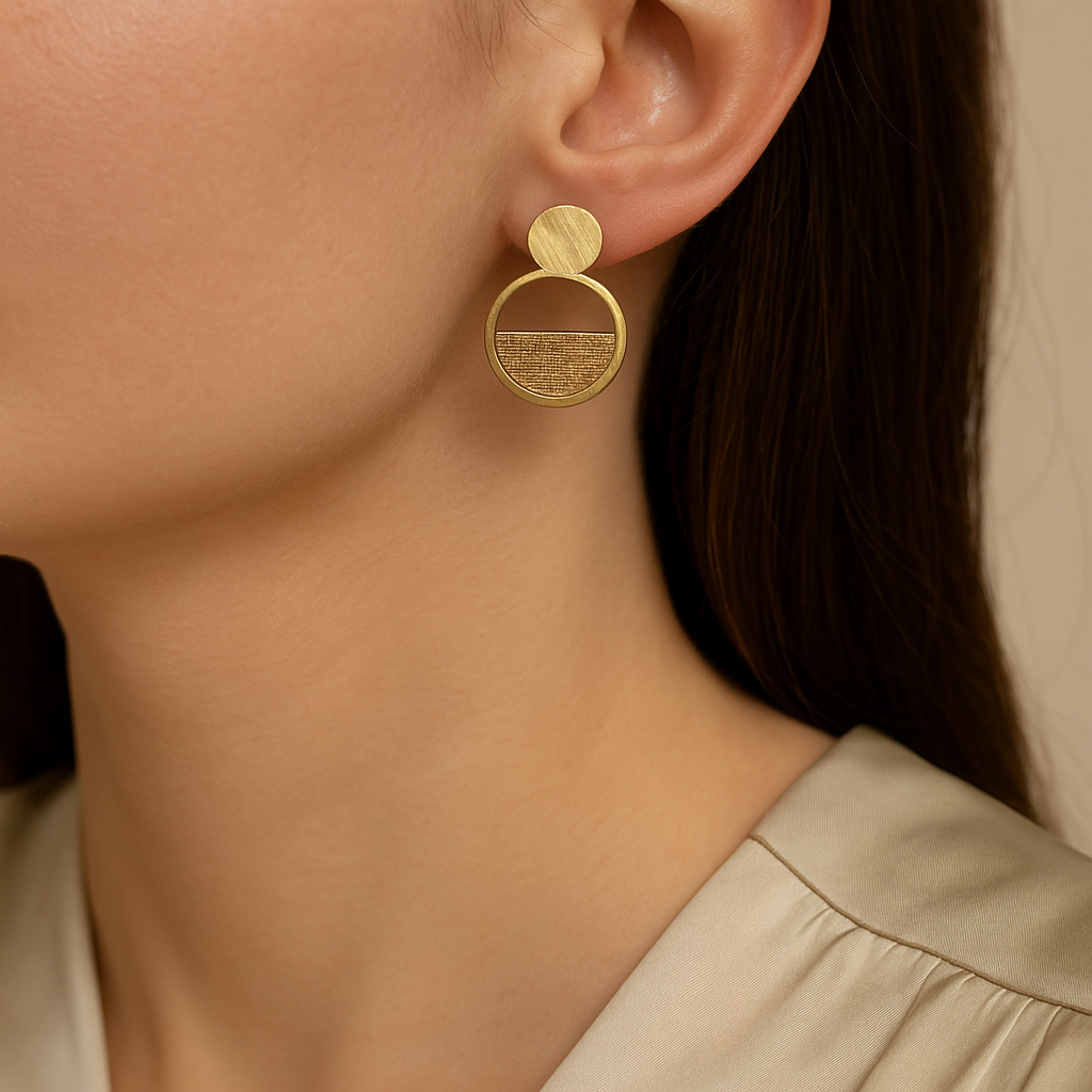 14K Solid Gold Geometric Circle Earrings – Modern Textured Half Disc Design