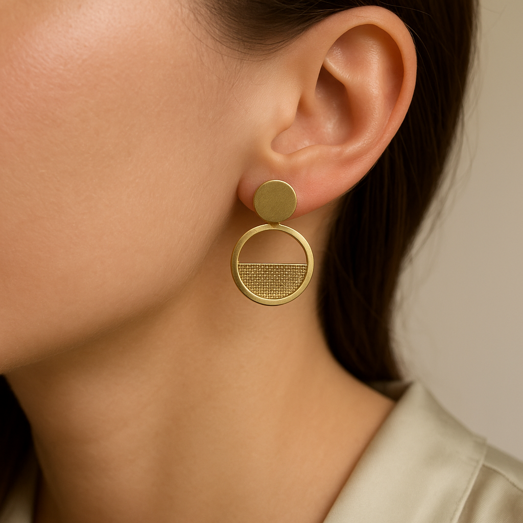 14K Solid Gold Geometric Circle Earrings – Modern Textured Half Disc Design