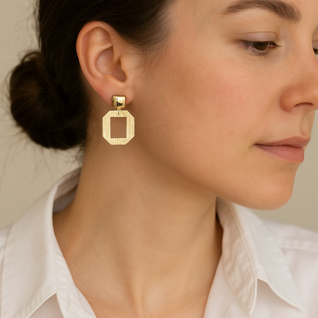 14K Solid Gold Geometric Drop Earrings – Modern Octagon Frame Design