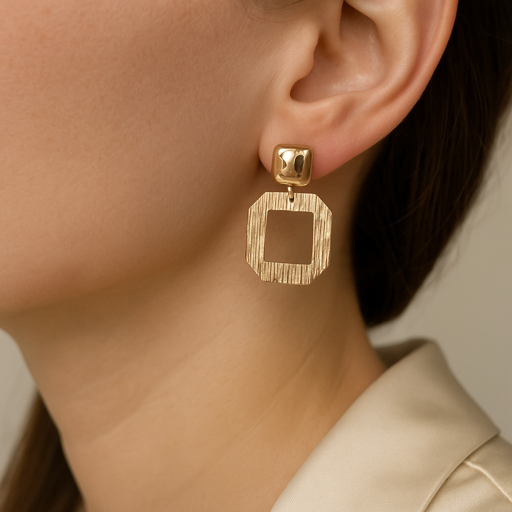 14K Solid Gold Geometric Drop Earrings – Modern Octagon Frame Design