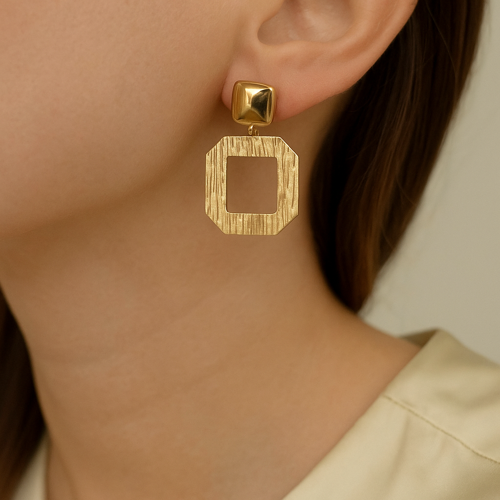 14K Solid Gold Geometric Drop Earrings – Modern Octagon Frame Design