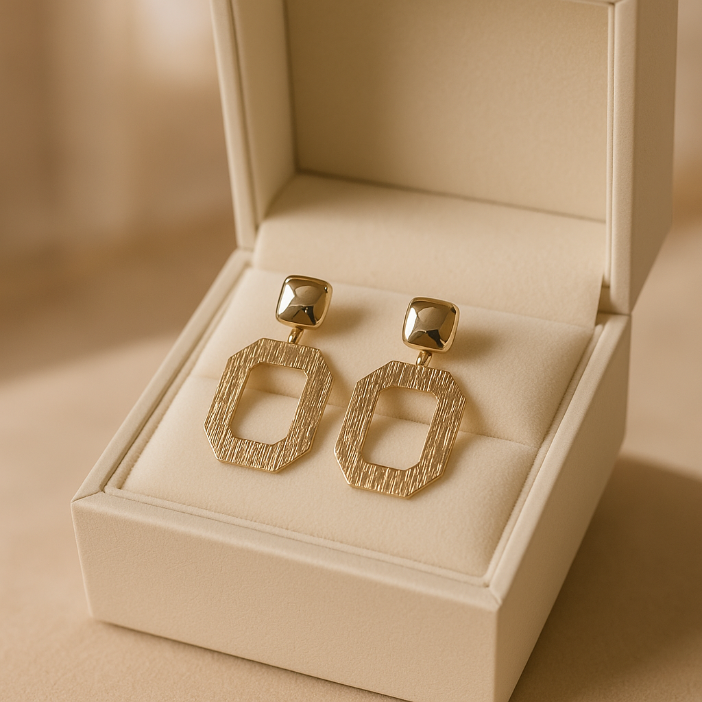 14K Solid Gold Geometric Drop Earrings – Modern Octagon Frame Design