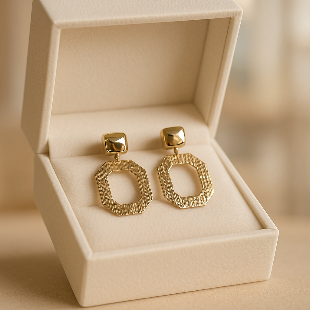 14K Solid Gold Geometric Drop Earrings – Modern Octagon Frame Design