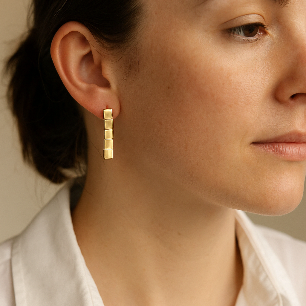14K Solid Gold Geometric Drop Earrings – Modern Square Stacking Design