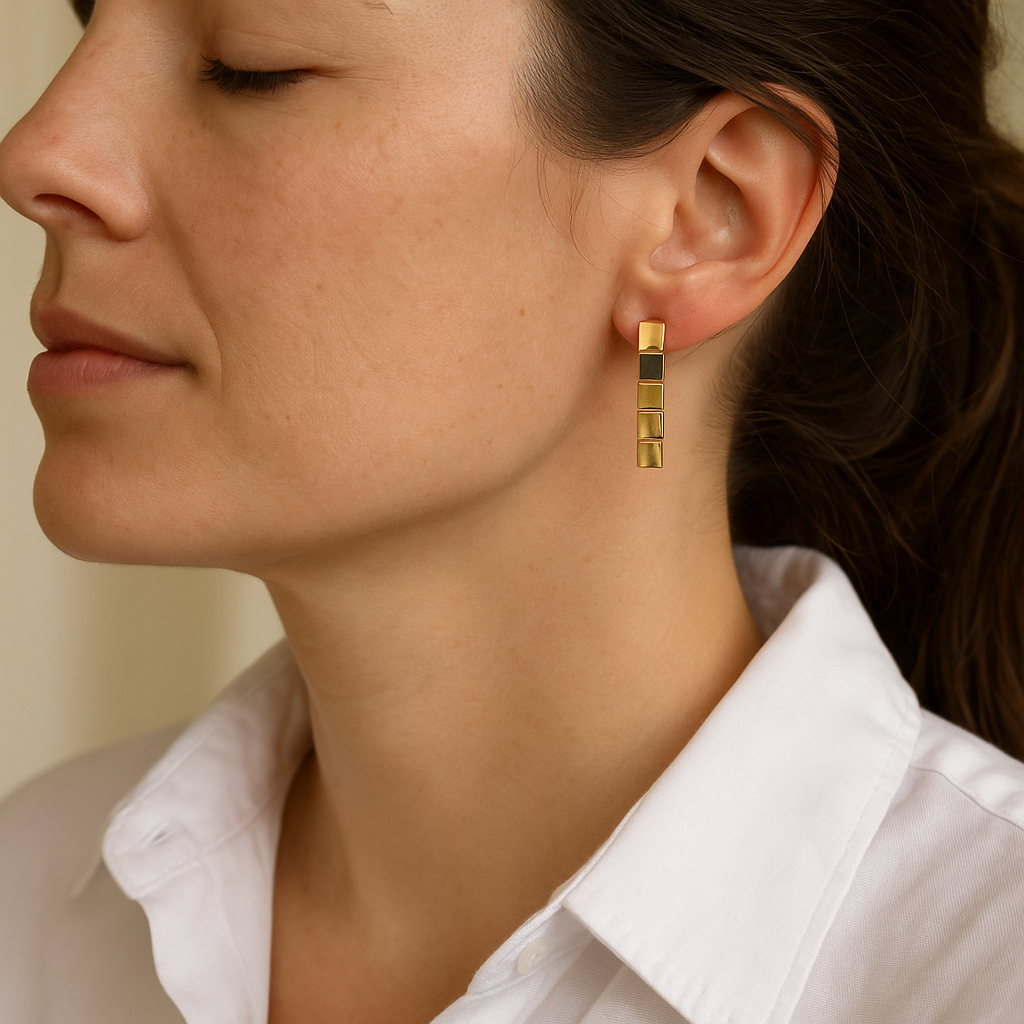 14K Solid Gold Geometric Drop Earrings – Modern Square Stacking Design