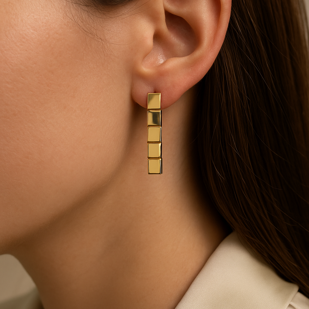 14K Solid Gold Geometric Drop Earrings – Modern Square Stacking Design