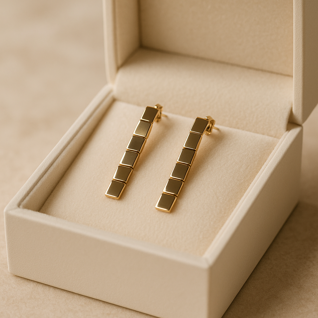 14K Solid Gold Geometric Drop Earrings – Modern Square Stacking Design