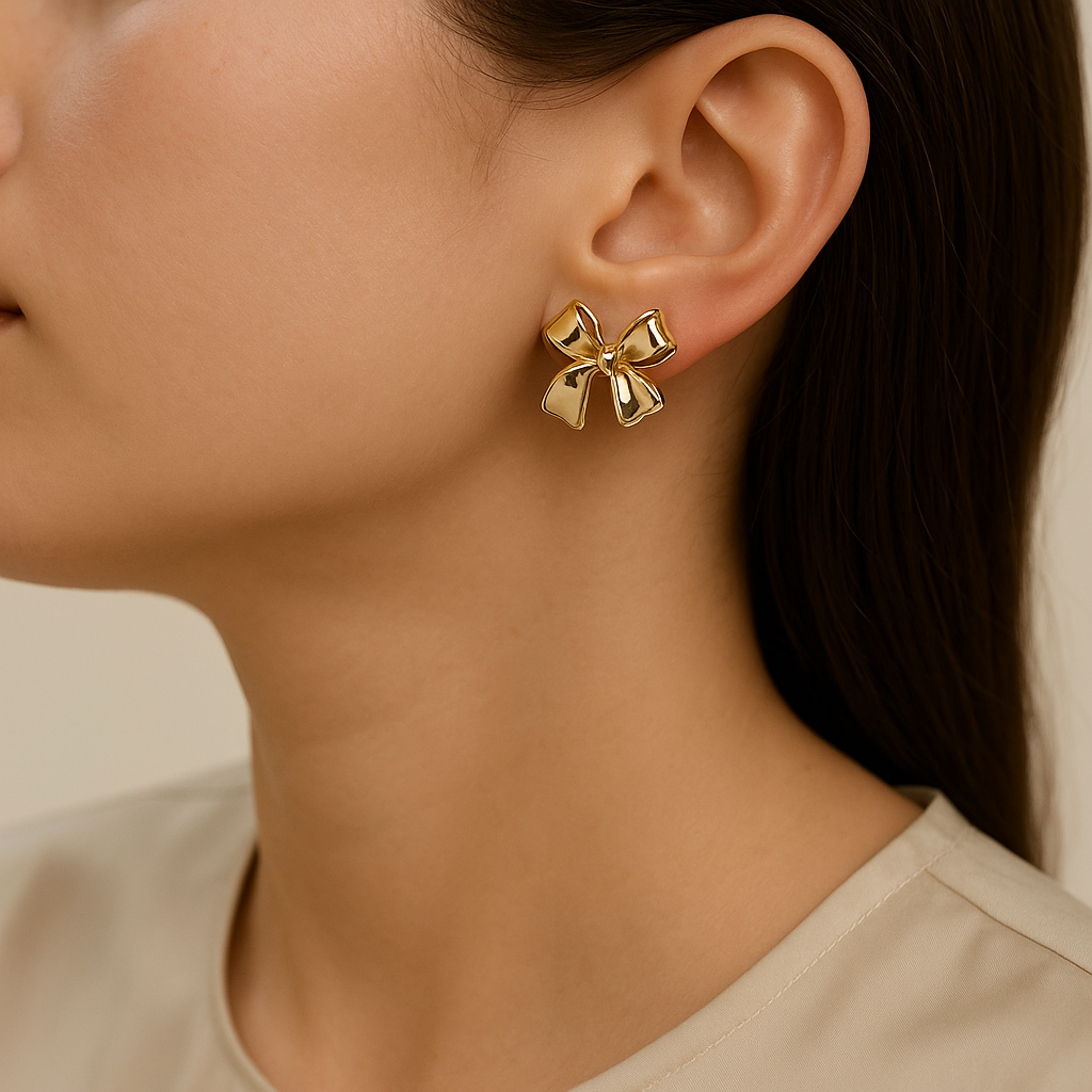 14K Solid Gold Bow Stud Earrings – Cute Ribbon Design