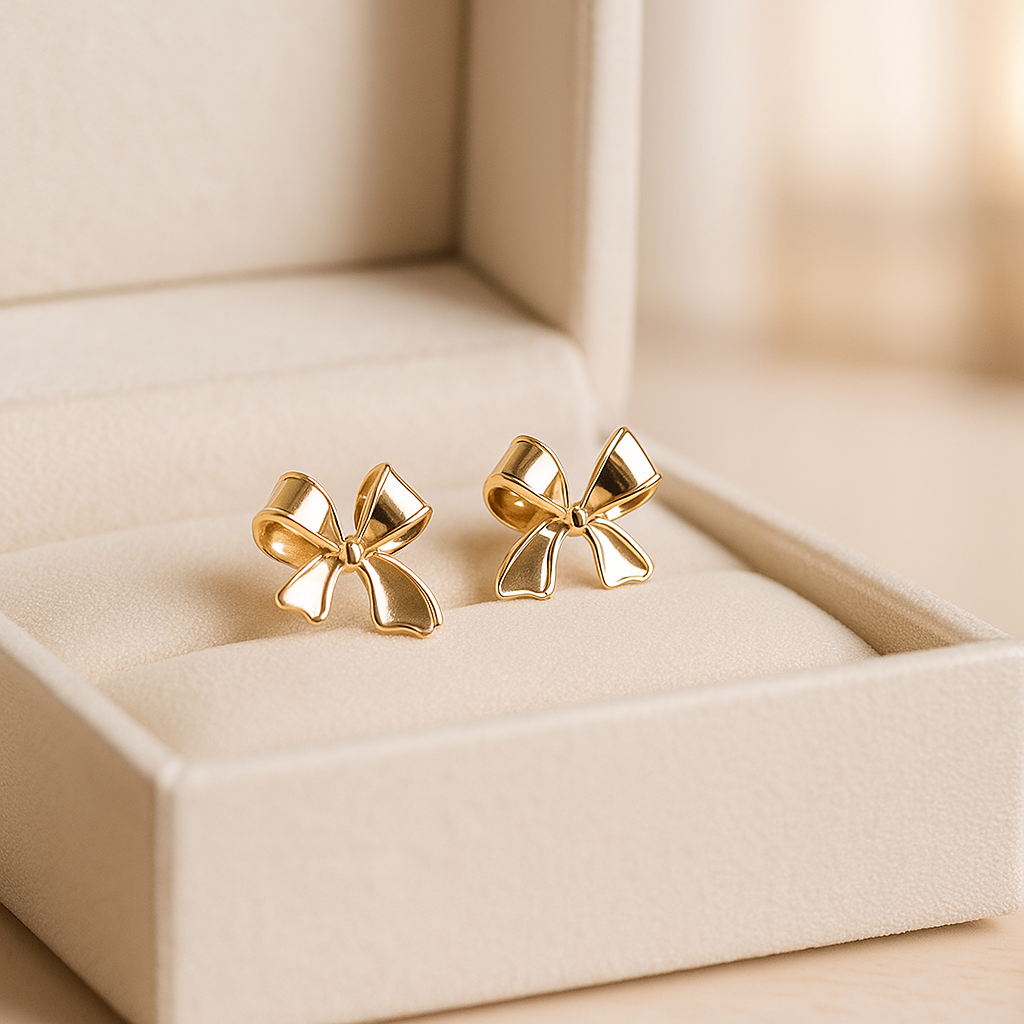 14K Solid Gold Bow Stud Earrings – Cute Ribbon Design
