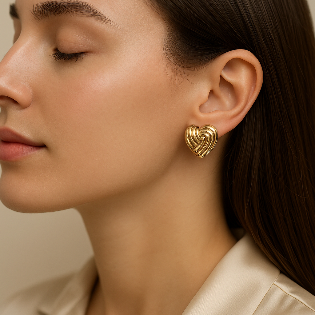 14K Solid Gold Heart Earrings – Elegant Swirl Design Gold Studs