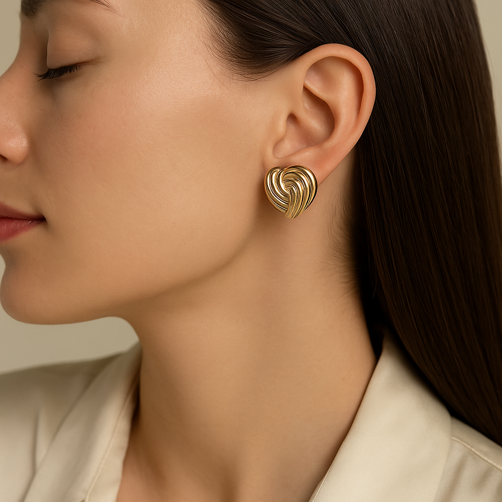 14K Solid Gold Heart Earrings – Elegant Swirl Design Gold Studs