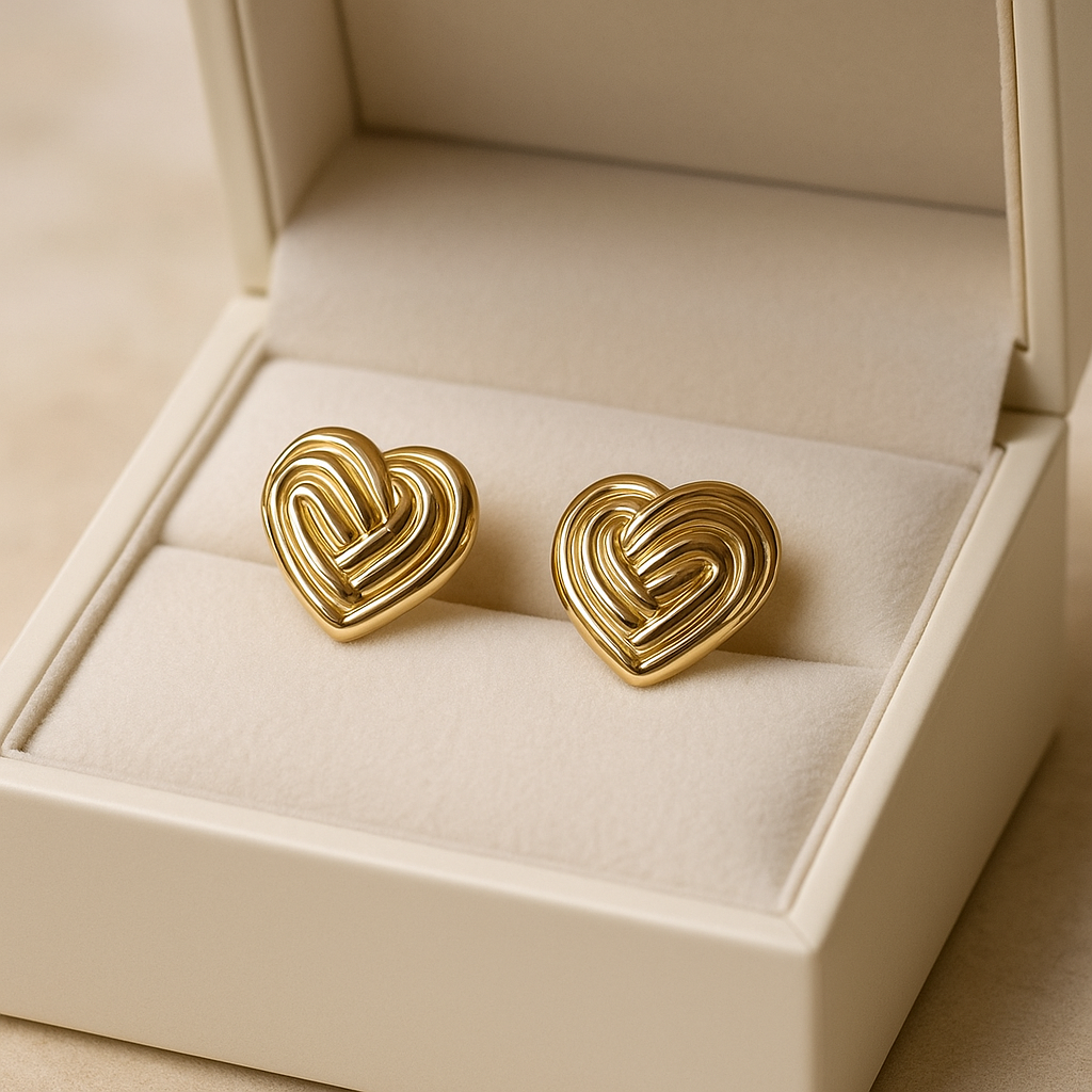14K Solid Gold Heart Earrings – Elegant Swirl Design Gold Studs