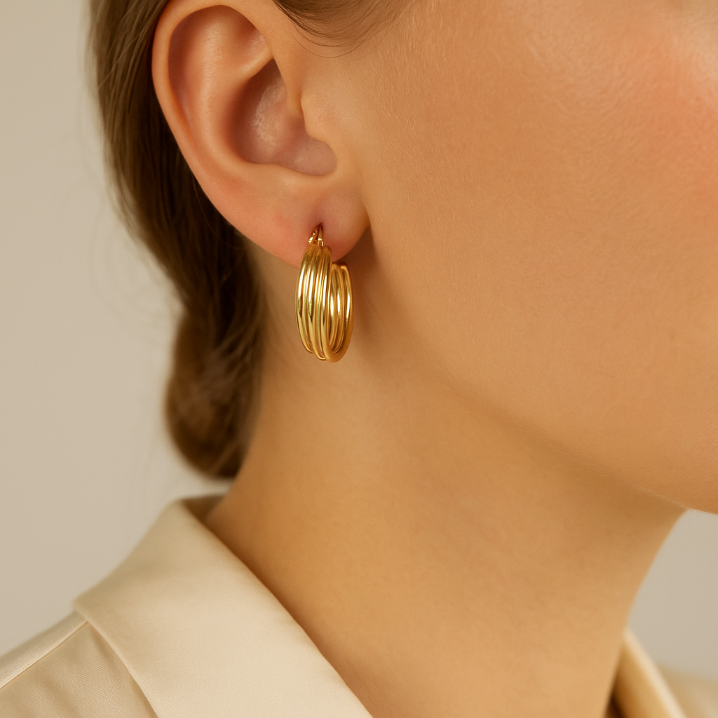 14K Solid Gold Multi-Band Hoop Earrings – Elegant Layered Gold Hoops for Women