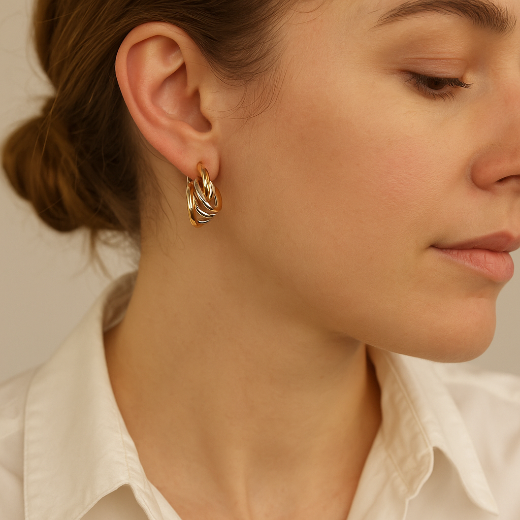 14K Solid Gold Multi Hoop Earrings – Chunky Bicolor Gold and White Gold Hoops