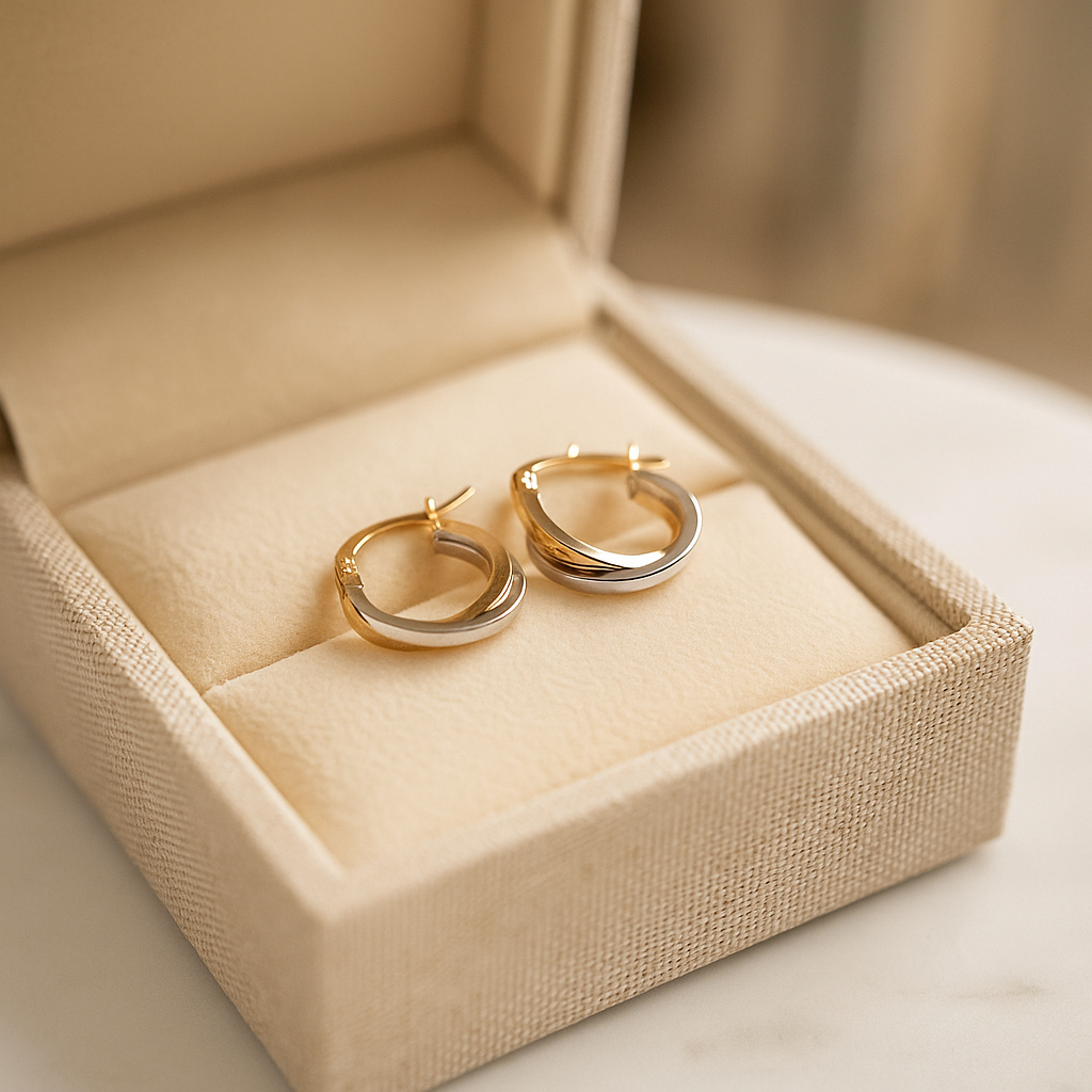 14K Solid Gold Two Tone Hoop Earrings – Elegant Bicolor Gold and White Gold Hoops, Minimalist Real Gold Jewelry, Everyday Statement Earrings