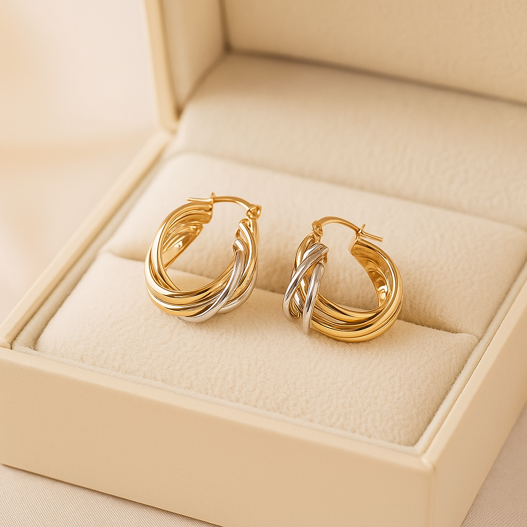 14K Solid Gold Multi Hoop Earrings – Chunky Bicolor Gold and White Gold Hoops