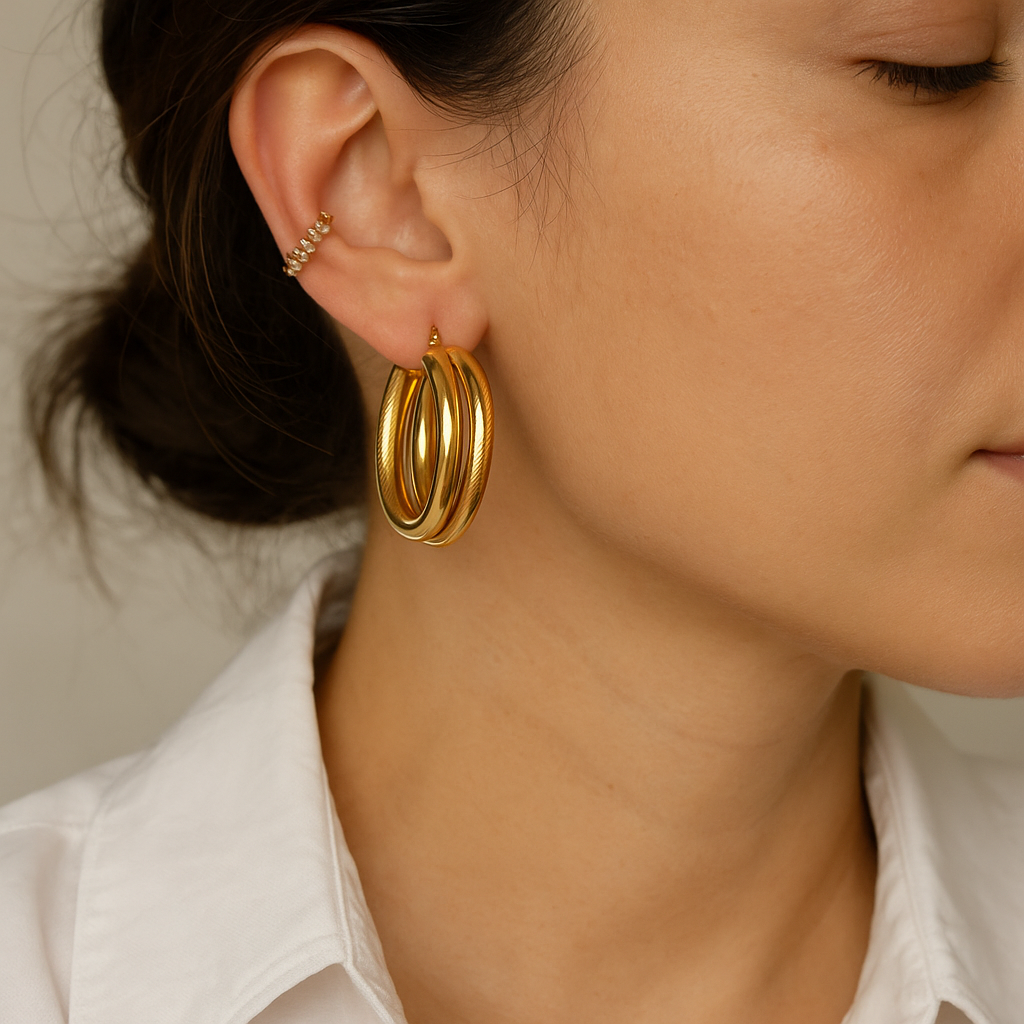 14K Solid Gold Triple Hoop Earrings – Bold Chunky Gold Hoops for Women