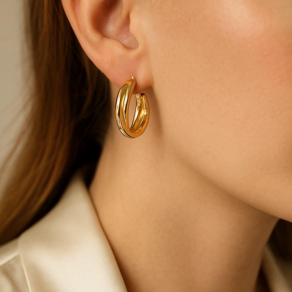 14K Solid Gold Double Hoop Earrings – Elegant Layered Gold Hoops for Women